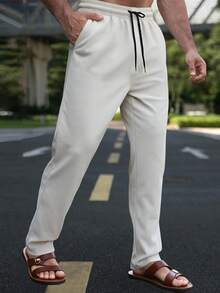 Manfinity Homme 男士休闲纯色抽绳腰裤，街头潮流，秋季，复古风 - 杏色 - 查看 5