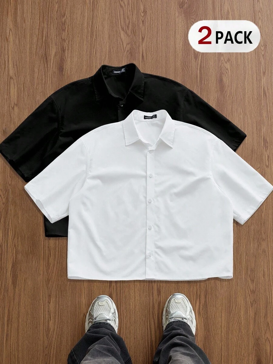 Manfinity Joysei 2 pezzi Camicie casual con bottoni da uomo, bianche e nere, versatili - Bianco e nero - Visualizzare 1