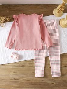 2pcs/Set Young Girl Crew Neck Ribbed Knit Long Sleeve Top With Cute Rabbit Embroidery & Striped Pants, Cozy Loungewear, Autumn/Spring Fall Winter - Multicolor - View 2