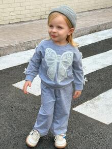 SHEIN 2 pièces Ensemble Sweat-shirt tricoté ample à motif papillon et pantalon de survêtement ample pour bébé fille, mignon et confortable pour l'automne/l'hiver