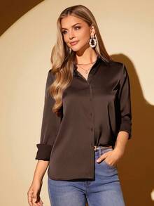 Amorya Elegancka koszula damska z satyny octanowej w jednolitym kolorze z długim rękawem i klapami - Kawowy brązowy - Zobacz 4