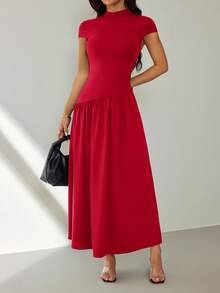SHEIN PETITE 女士优雅简约纯色短袖修身连衣裙，夏季 - 酒紅色 - 查看 6