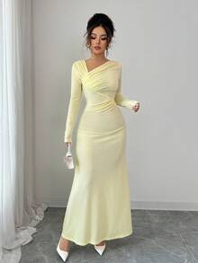 Elenzga Women's Oblique Collar Long Sleeve Textured Striped Pleated Waist A-Line Casual Dress,Pale Yellow,Autumn,Elegent,Party Versatile Fall Cloth For Women - Yellow - View 4
