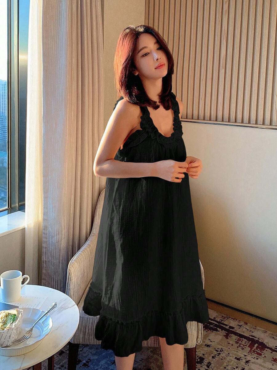 DAZY Minimalist Mushroom Hem Camisole Dress Loungewear Pajama - Black - View 1