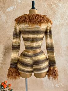 Soleia Women's Striped Long Sleeve Furry Collar Tie Front Cardigan And Furry Shorts 2 Pieces Set, Autumn - Multicolor - View 2