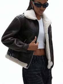 Aveloria Affinna Chaqueta de mujer forrada de piel sintética de borrego, chaqueta de motocicleta con cuello vuelto grueso, para otoño/invierno - Marrón - Ver 3