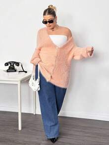 Truni Plus Size Women Pink Knitted Cardigan, Long Sleeve Long Style Knit Sweater Jacket In Fall/Winter, For Pear & Triangle Body Shape - Pink - View 6