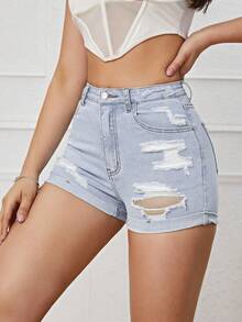 Women's Casual Ripped Pocket Denim Shorts - Blue - View 5
