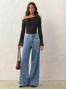 Selenza Women's Fashion Commuter Studded Decoration Wide-Leg Jeans - Blue - View 6