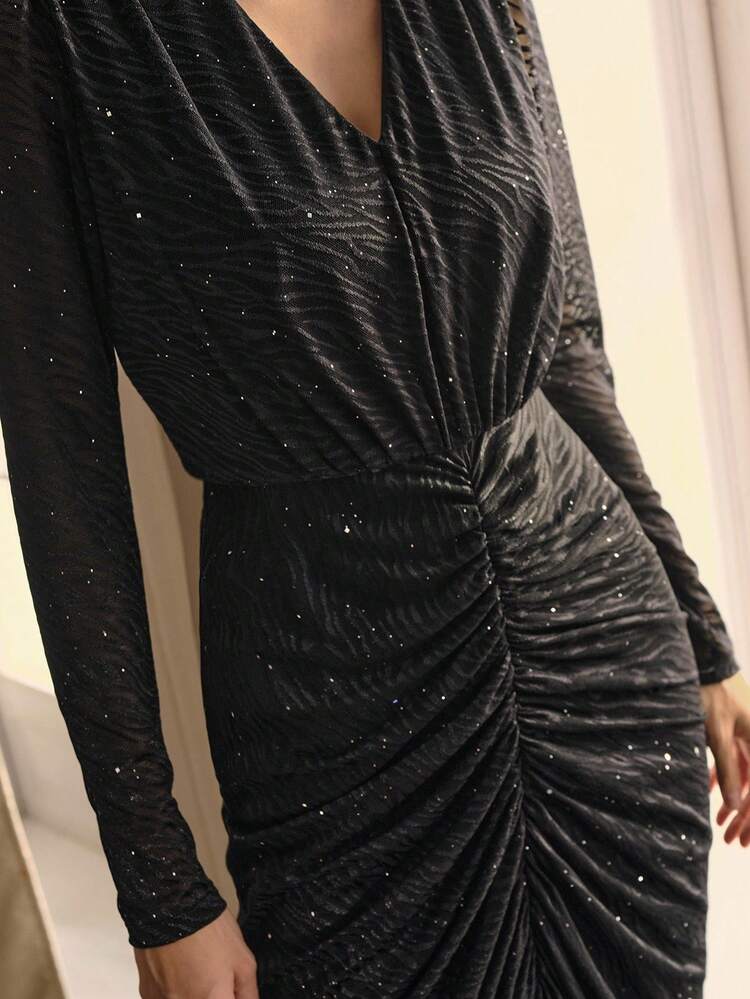 VELVET JACQUARD V-NECK WAIST CINCHED DRESS, AUTUMN/WINTER