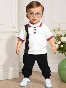 SHEIN Playful Pals 男婴针织Polo衫。适合外出、上学或参加派对时穿着。男女皆宜的夏季上衣。 - 紅色 - 查看 4