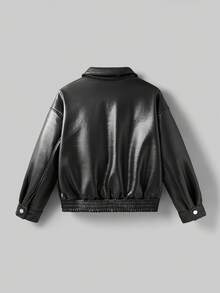 Maija Kids Maija Kids Jaket Kulit PU Berkerah Warna Polos untuk Remaja Perempuan, Cocok untuk Musim Gugur/Dingin - Hitam - View 3