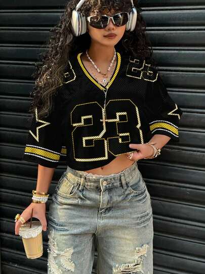 Slaydiva Women's Casual V-Neck Loose Cropped 5/8 Sleeve Mesh T-Shirt, Suitable For Sports, Street, Colorblock, Number 23 Print, Star Print