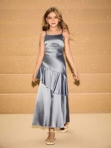 女孩优雅荷叶边下摆无袖派对连衣裙，适合万圣节、圣诞节、聚会 - 藍色 - 查看 6