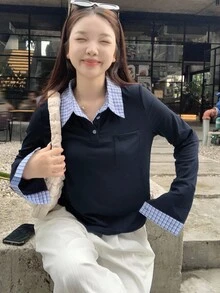 DAZY Women Polo Long Sleeve T-Shirt In Solid Color,Fall Clothes