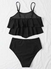 SHEIN Swim Summer Beach Hanky Hem Ruched High Waisted Bikini - Black - View 9