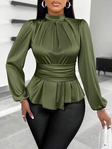 SOLERSUN 女式休闲高领荷叶边腰缎面衬衫荷叶边上衣 - 橄欖綠 - 查看 3