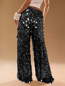 SHEIN BAE Quần ống rộng ống rộng thắt eo sequin thời trang cho nữ - màu đen - Xem 2