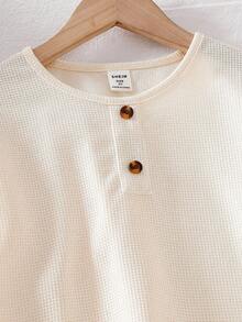 SHEIN 男童宽松舒适休闲华夫格T恤套装，韩版 - 杏色 - 查看 2