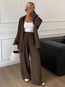 Livesso 西式沙滩度假纯色牛仔效果面料宽松休闲春季女装两件套家居服套装 - 咖啡棕 - 查看 4