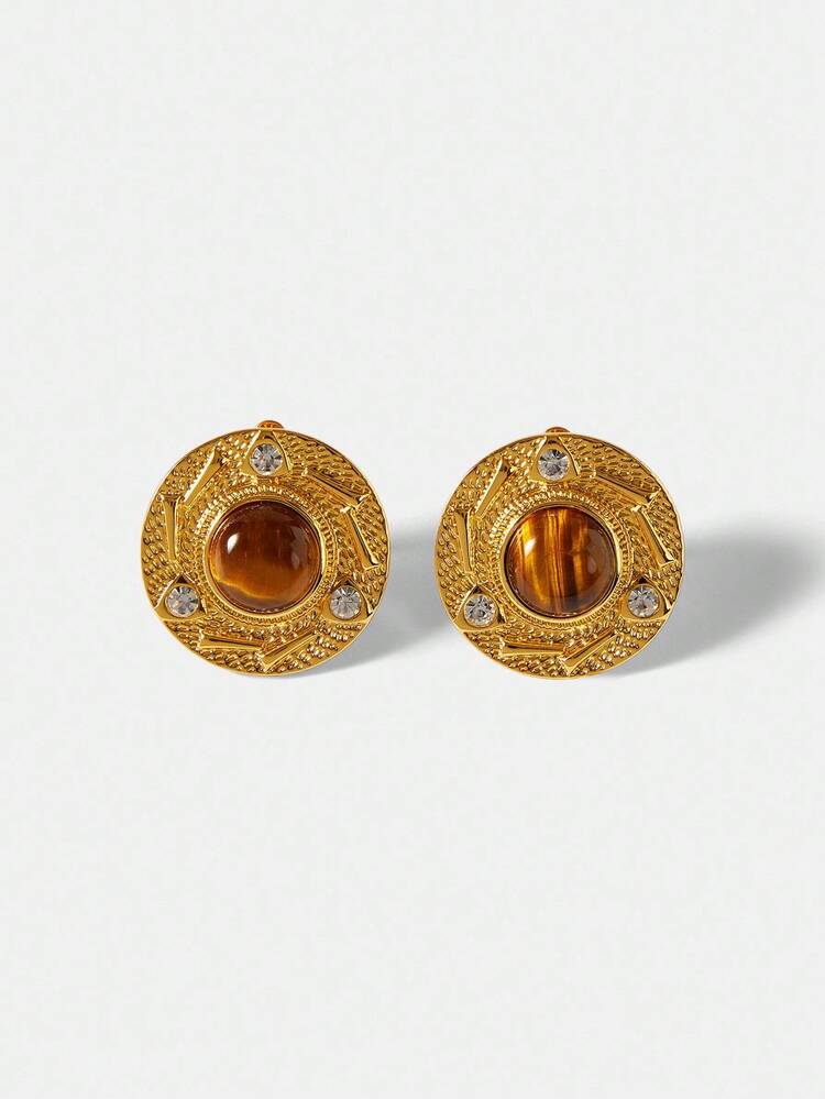 LUXURY EMBELLISHED ROUND TIGER EYE CLIP-ON EARRINGS