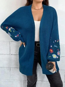 SHEIN LUNE Áo khoác cardigan trễ vai thêu hoa Plus, cho mùa đông - Màu xanh lam - Xem 5