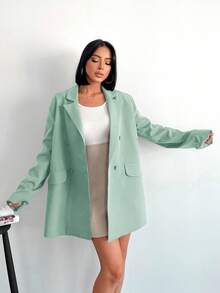 RueChic Double-Breasted Lapel Collar Blazer - Green - View 5