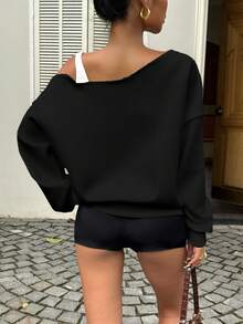 SHEIN EZwear 休闲简约街头风格复古豹纹纽约口号拼布不对称领女式卫衣，适合秋冬季 - 黑色 - 查看 2