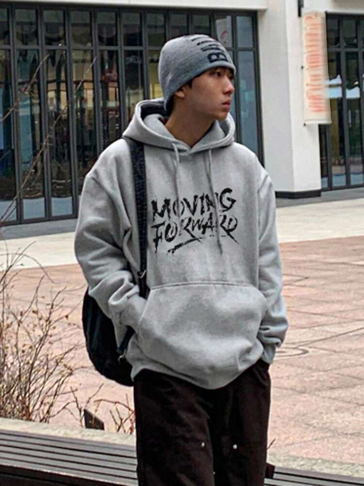 Men's Graphic Letter Print Thermal Lined Hoodie, Autumn/Winter