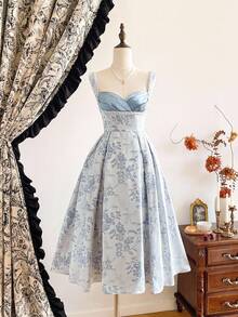 Vintamour Vintage Elegant Women's Dress Floral Jacquard Textured Satin Patchwork Faux Pearl Embroidered Dress Holiday Party Gown - Baby Blue - View 1