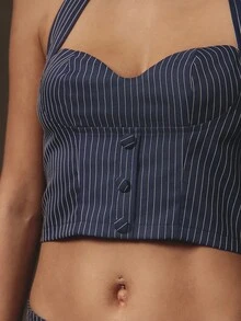 Hauture Formal Old Money Business Office Sexy Suiting Stripes Sweetheart Backless Bustier Tank Top - Navy Blue - View 3