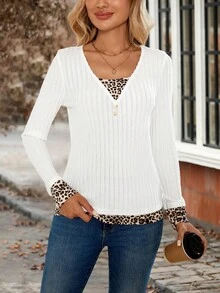 SHEIN LUNE Women's Leopard Print Patchwork Button Design Long Sleeve Casual Ribbed T-Shirt - White - View 5