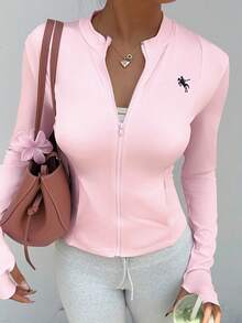 SHEIN Unity 女士薄款长袖刺绣拉链开衫修身夹克，适合返校季 - 粉色 - 查看 1
