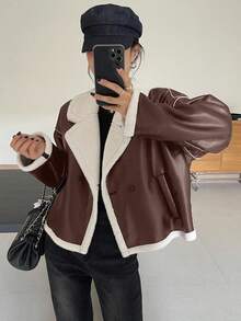 DAZY 女士休闲撞色仿羊羔绒夹克，秋冬季皮夹克女式外套 - 棕色 - 查看 3