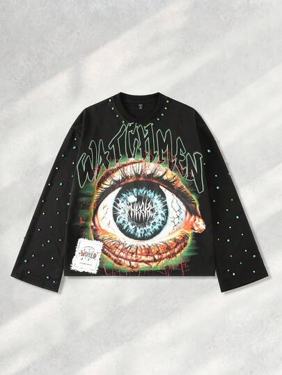 Street Life تي شيرت رجالي قصير بياقة طاقم وطباعة جرافيك، فضفاض وكاجوال، خريف