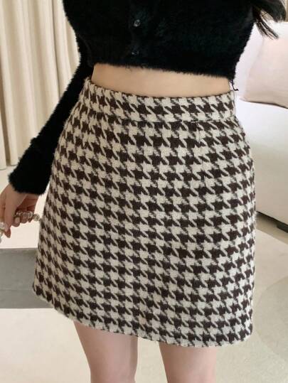 DAZY 优雅千鸟格迷你裙，适合日常穿着，冬季女裙