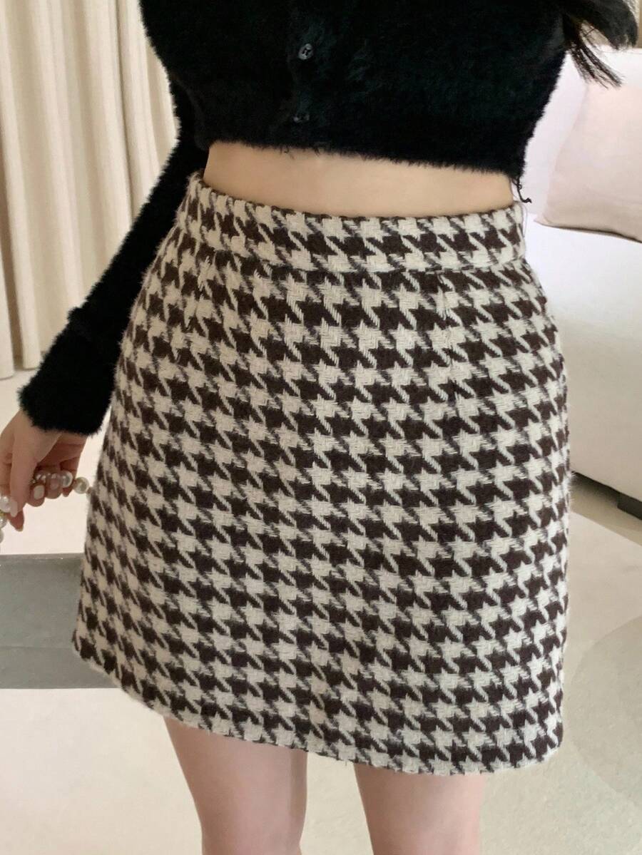 DAZY Váy mini họa tiết răng sói thanh lịch, thích hợp mặc hàng ngày cho mùa đông - màu đen - Xem 1