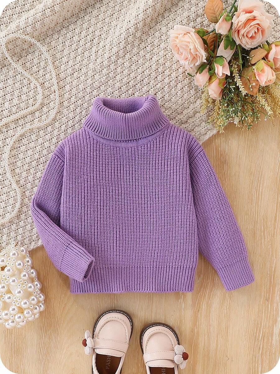SHEIN Vintaside Kids 女婴简约舒适纯色高领毛衣，秋冬季婴儿高领淡紫色上衣，婴儿纯色针织毛衣，女婴冬季毛衣，冬季圣诞节万圣节毛衣，秋季套头衫 - 淡紫色 - 查看 1