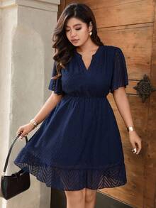 SHEIN Clasi Vestido corto elegante de talla grande para mujer con cuello en V y línea A (sin cinturón), para verano - azul real - Ver 4