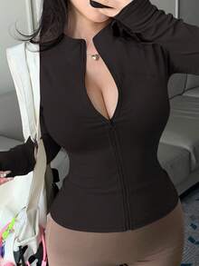 DAZY Áo khoác nữ cổ đứng, khóa kéo, dáng ôm, thường ngày - màu đen - Xem 5