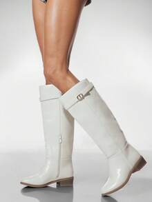 SHUZIA Women's Glamorous Comfortable Round Toe Block Heel Knee-High Boots With Inner Zipper - White - View 2