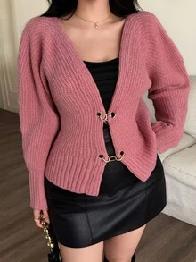 Feyla Cardigan feminino confortável com botões de metal e corrente, outono e inverno - Rosa - Ver 1