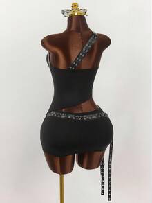 Y2K Amplova 女士 Oktoberfest PU 皮革拼接不对称上衣和性感吊带超低腰迷你裙两件套黑色夜店装 Y2K 两件套黑色两件套 - 黑色 - 查看 2