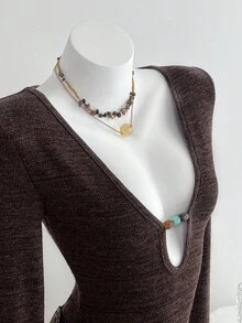SHEIN Unity Đầm ngắn tay dài màu cà phê gợi cảm đính hạt trang trí hở lưng cho nữ - Cà phê - Xem 6