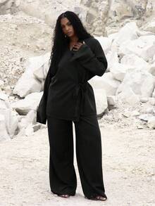 MUSERA 加厚弹力阔腿裤，可爱夏日假日优雅度假风，性感场合，曲线迷人 - 黑色 - 查看 1