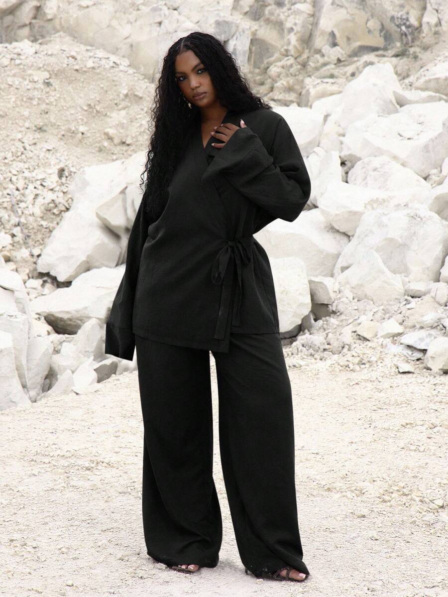 MUSERA 加厚弹力阔腿裤，可爱夏日假日优雅度假风，性感场合，曲线迷人 - 黑色 - 查看 1