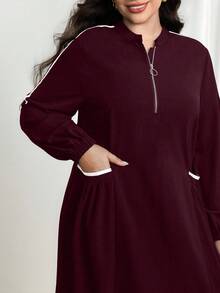 Modelyn 秋冬新款立领长袖收腰修身连衣裙 - 酒紅色 - 查看 6