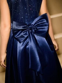Vestido elegante de niña con lazo de lentejuelas de satén para Navidad, fiesta, boda y ocasiones formales - Azul - Ver 3