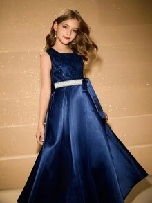 Vestido elegante de niña con lazo de lentejuelas de satén para Navidad, fiesta, boda y ocasiones formales - Azul - Ver 1