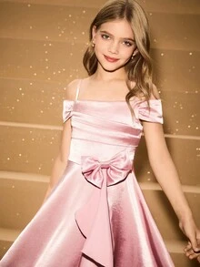 女孩优雅奢华粉色圆领蝴蝶结前中长款派对礼服，适合晚会、婚礼、花童、节日、生日、返校、毕业典礼、圣诞节、万圣节等场合 - 粉色 - 查看 7